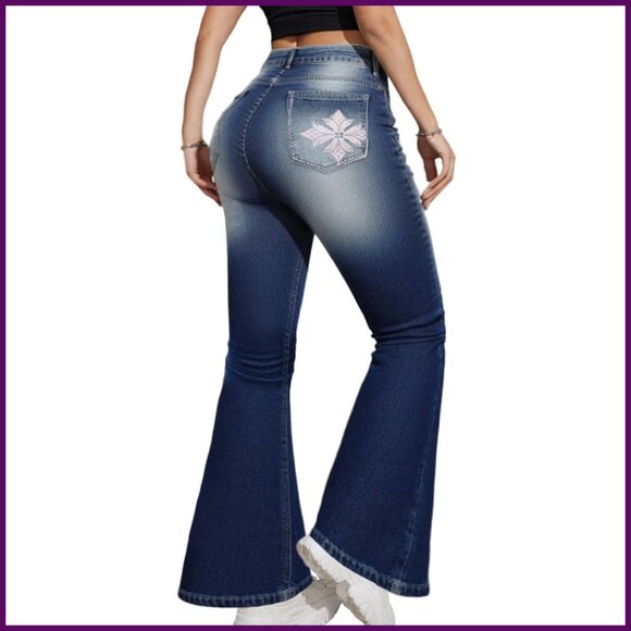 Plus Size High Rise Stretch Flare Jeans Women Boot Cut Wide Leg